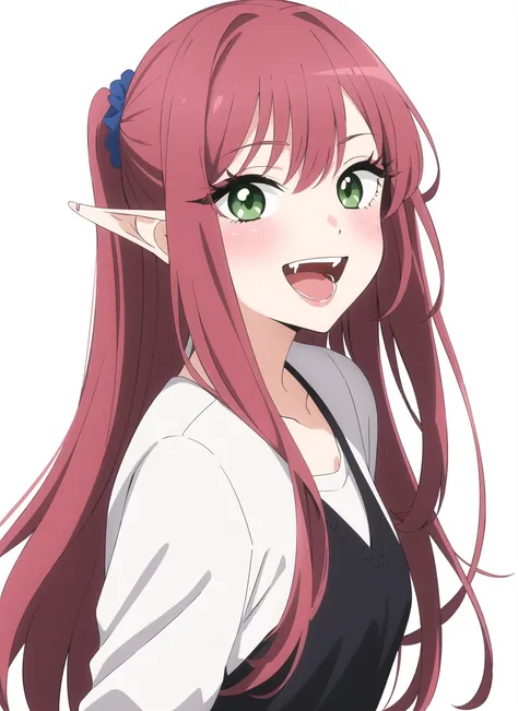 bisquedoll anime style, 1girl, fangs, green eyes, hair ornament, hair scrunchie, light blush, long hair, looking at viewer, open mouth, pointy ears, red hair, scrunchie, simple background, smile, solo, white background, ((masterpiece)) <lora:bisquedoll_anime_style_offset:1>