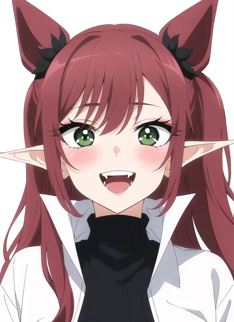bisquedoll anime style, 1girl, fangs, green eyes, hair ornament, hair scrunchie, light blush, long hair, looking at viewer, open mouth, pointy ears, red hair, scrunchie, simple background, smile, solo, white background, ((masterpiece)) <lora:bisquedoll_anime_style_offset:1>