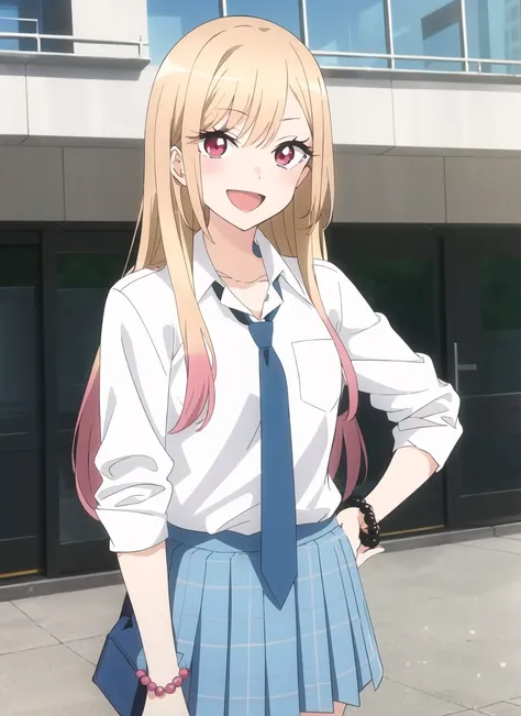 bisquedoll anime style, kitagawa marin, 1girl, :d, upper body, bead bracelet, beads, black necktie, blonde hair, blue skirt, blush, bracelet, hand on own hip, jewelry, long hair, looking at viewer, necktie, open mouth, plaid, plaid skirt, red eyes, school uniform, shirt, outdoors, skirt, smile, solo, standing,white background, white shirt, ((masterpiece))   <lora:bisquedoll_anime_style_offset:1>