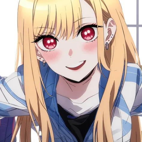 bisquedoll anime style, kitagawa marin, 1girl, :d, upper body, bead bracelet, beads, black necktie, blonde hair, blue skirt, blush, bracelet, hand on own hip, jewelry, long hair, looking at viewer, necktie, open mouth, plaid, plaid skirt, red eyes, school uniform, shirt, outdoors, skirt, smile, solo, standing,white background, white shirt, ((masterpiece))
<lora:bisquedoll:1>