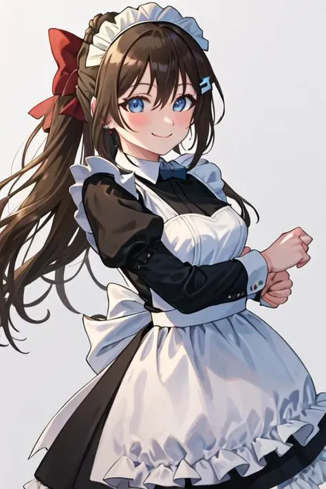 best quality, masterpiece, highres, solo, {maid:1.40}, {long maid dress:1.15}, {ousaka_shizuku_loveliveschoolidolfestivalallstars:1.15}, brown_hair, blue_eyes, long_hair, bangs, bow, sidelocks, hair_bow, hair_between_eyes, blush, smile, half_updo
