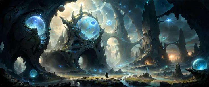 a painting of a cave with a giant tower surrounded by blue spheres