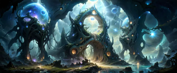 a painting of a fantasy forest with a giant portal and a small waterfall