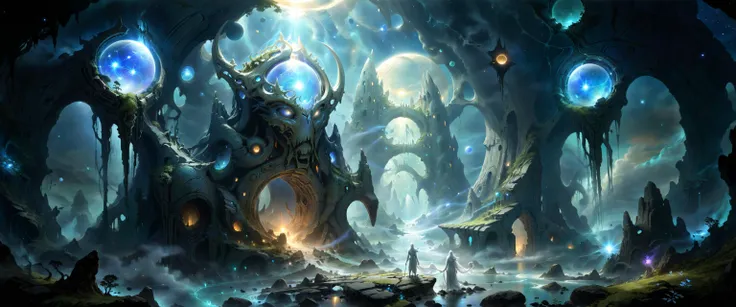 a painting of a fantasy castle surrounded by blue and white spheres