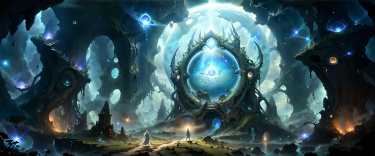 a painting of a giant blue portal surrounded by trees