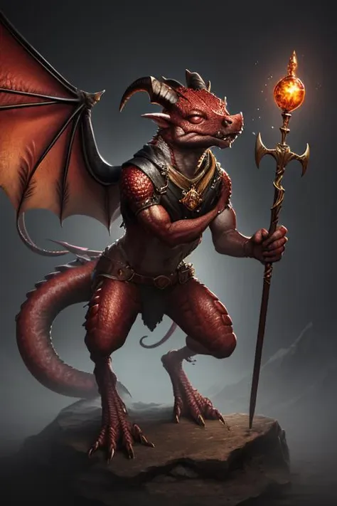 High quality, masterpiece ,volumetric lighting, kobold, snout, horns, claws, tail, scales, fangs, <lora:KoboldsDND-9:1>, staff, wings