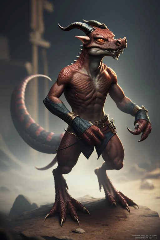 High quality, masterpiece ,volumetric lighting, kobold, snout, horns, claws, tail, scales, fangs, <lora:KoboldsDND-9:1>