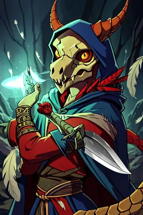 High quality, masterpiece ,volumetric lighting, mage, druid, cloak, hood, kobold, snout, horns, claws, tail, scales, fangs, feathers, (tribal:1.3), knives, <lora:DnDKobold-V2:0.75> dragon skull