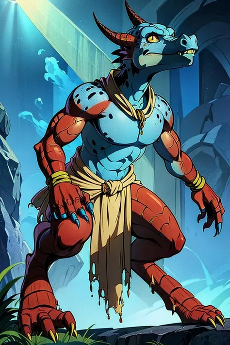 High quality, masterpiece, volumetric lighting, kobold, (horns:0.8), (blue skin:1.2), yellow eyes, snout, claws, tail, (scales:1.2), fangs, loincloth <lora:KoboldTest2:0.8>