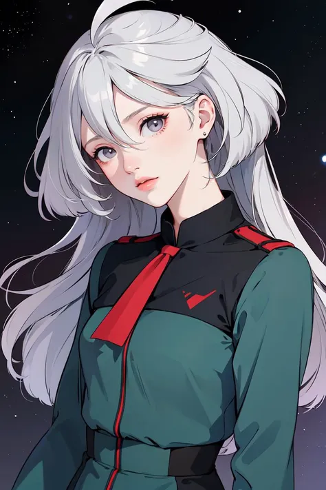 upper body, closeup portrait, looking at viewer, (masterpiece, beat quality, beautiful and aesthetic:1.3), 1girl, solo, miorine1, miorine rembran, asticassia school uniform, solo, long hair, grey eyes, grey hair, ahoge, seamed legwear, green shorts, necktie, bangs, hair between eyes, black pantyhose, long sleeves, green jacket, floating hair, red necktie, galaxy view, space, nebula, <lora:miorine_rembran_v1_1:0.7>