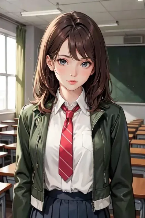 1girl, solo, upper body, portrait, green jacket, white shirt, pleated skirt, neck tie, school dress, standing, <lora:GW_School_Dress_By_Stable_Yogi:1>, shiny skin, indoors, classroom, books, looking at viewer, masterpiece, best quality, amazing, beautiful and aesthetic, absurdres