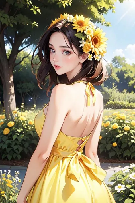 masterpiece, best quality, edgYSD, woman wearing a yellow sundress, <lora:edgChamYellowSundress:1>, 1girl, solo, glossy skin, shiny skin, sparkling eyes, standing, look back, closeup portrait, looking at viewer, flower garden, morning, sunshine, beautiful and aesthetic, official art, professional illustration, hires, amazing, absurdres