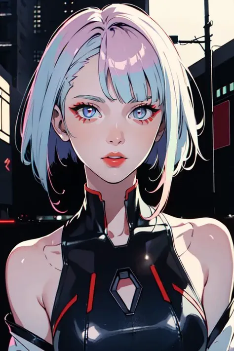 masterpiece, best quality, lucy \(cyberpunk\), <lora:lucy_offset:0.95>, bob cut, short hair, asymmetrical hair, multicolored hair, 1girl, solo, pale skin, red lips, detached sleeves, beautiful eyes, upper body, outdoors, looking at viewer, beautiful and aesthetic, official art, professional illustration, hires, amazing, absurdres