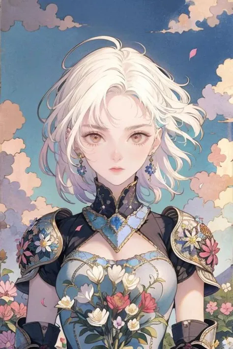 1girl, solo, portrait, shiny skin, white hair, multicolored hair, woman, flowers, iridescent armor, intricate, falling petals, morning, clouds, sky, flower garden background, <lora:iridescent armor:0.7>, masterpiece, best quality