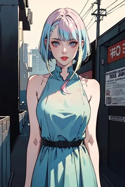 (masterpiece:1.4, best quality:1.3), lucy \(cyberpunk\), <lora:lucy_offset:1>, bob cut, short hair, asymmetrical hair, multicolored hair, gradient hair, 1girl, solo, pale skin, red lips, see-through dress, beautiful eyes, upper body, outdoors, morning, sunshine, looking at viewer, beautiful and aesthetic, official art, professional illustration, hires, amazing, absurdres
