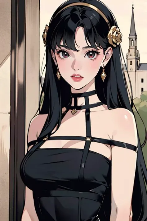 (masterpiece:1.4, best quality:1), yor briar, <lora:yor:0.75>, 1girl, solo, light on face, bare shoulders, black dress, earrings, gold hairband, hair ornament, black hair, long hair, red eyes, beautiful eyes, upper body, outdoors, looking at viewer, beautiful and aesthetic, official art, professional illustration, hires, amazing, absurdres