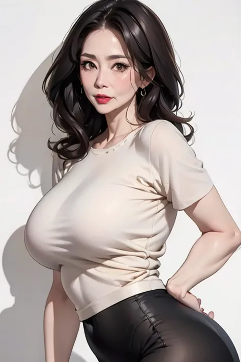 ((simple background)),((white_background)),((pure background)),old,solo,face the audience,female,mature_female,milf,long hair,brown hair,realistic,brown eyes,lips,looking at viewer,teacher,black hair,<lora:20230920-1695211393428:0.75>,<lora:meinv81:0.8>,panorama,full_shot,White tight neck short sleeve,tight yoga pants,Big Butt,, masterpiece, best quality, ultra-detailed,hires,8k,