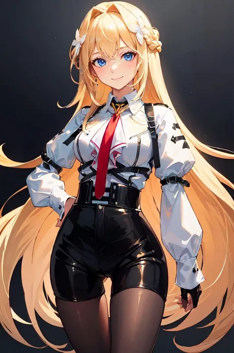 2D, masterpiece, Highest quality, anime, Highly detailed face, Highly detailed eyes, Highly detailed background, Perfect lighting, One girl, alone, whole body, Are standing, Latex Legwear, White shirt, Redhead, Amulets