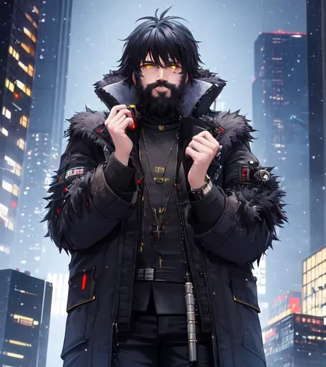 city, cyberpunk, night, skyscraper, fur trim, snowing, hands
1boy, anime, male focus, beard, best quality, black hair, highres, nazipunk, doompunk, biopunk