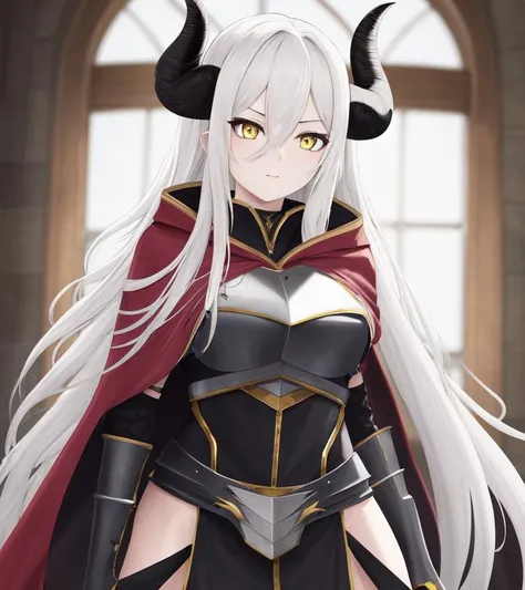 best quality, highres, 1girl, horns, solo, armor, cape, long hair, looking at viewer, yellow eyes, white hair, blurry background