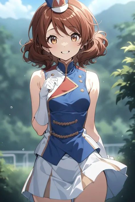1girl,<lora:kumiko_xl:0.5:lbw=1,0,0,0,0,0,1,1,0,0,0,0>, oumae kumiko,medium hair,
<lora:sunfes_xl_bw:1.6>, sunfes,band uniform,mini shako cap,sleeveless,blue vest,small breasts,smile,cowboy shot,outdoors,
rating: general,masterpiece,best quality,