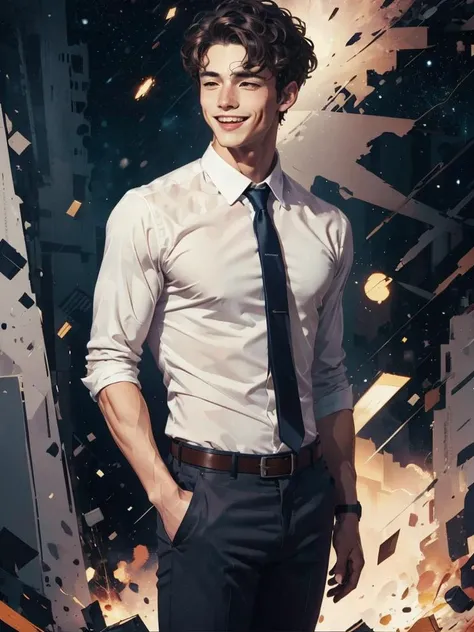 handsome teenage male model, male focus, short brown curly hair, cute <lora:MaxRos:0.75> ,suit, tight white shirt, abstract city, falling stars. disaster, light smile,