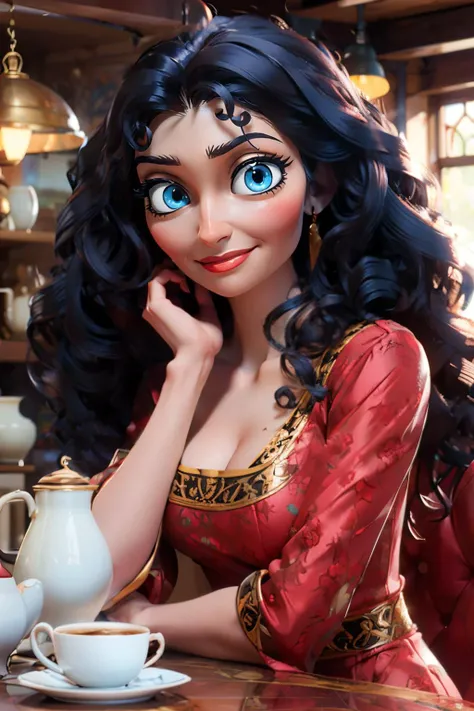 gothel, long black curly hair, red dress, blue eyes, clothing cutout, looking at viewer, serious, smiling, upper body shot, sitting, behind a table, inside a cozy cafe, holding a coffee mug, soft lighting, high quality, masterpiece, <lora:GOTH-V2:.8>