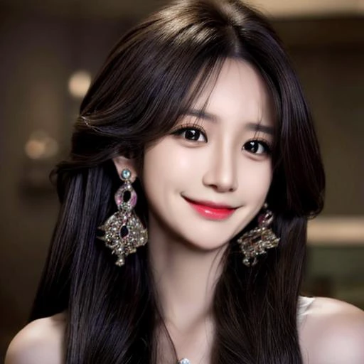 1girl,solo,jewelry,long hair,earrings,black hair,looking up,blurry,realistic,smile,hair ornament,brown eyes,brown hair,closed mouth,lips,blurry background,<lora:more_details:0.9>,<lora:mix4:0.6>,<lora:koreanDollLikeness_v15:0.6>,<lora:yifu0309_C:0.5>,<lora:YaeMiko_Test:0.5>,