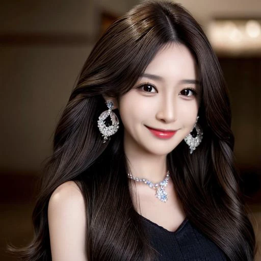 1girl,solo,jewelry,long hair,earrings,black hair,looking up,blurry,realistic,smile,hair ornament,brown eyes,brown hair,closed mouth,lips,blurry background,<lora:more_details:0.9>,<lora:mix4:0.6>,<lora:koreanDollLikeness_v15:0.6>,<lora:yifu0309_C:0.5>,