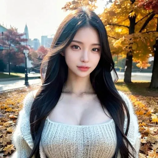 1girl,(wearing a knit sweater and long coat:1.2),(RAW photo, best quality),(realistic, photo-realistic:1.4),masterpiece,an extremely delicate and beautiful,extremely detailed,2k wallpaper,Amazing,finely detail,extremely detailed CG unity 8k wallpaper,ultra-detailed,highres,soft light,beautiful detailed girl,extremely detailed eyes and face,beautiful detailed nose,beautiful detailed eyes,cinematic lighting,at a park,maple leaves in autumn,autumn scenery,city lights at night,perfect anatomy,slender body,<lora:koreanDollLikeness_v15:0.7>,masterpiece,best quality,