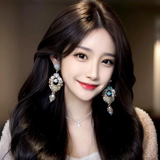 1girl,solo,jewelry,long hair,earrings,black hair,looking up,blurry,realistic,smile,hair ornament,brown eyes,brown hair,closed mouth,lips,blurry background,<lora:more_details:0.9>,<lora:mix4:0.7>,<lora:koreanDollLikeness_v15:0.6>,<lora:yifu0309_C:0.5>,