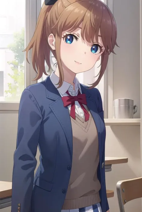 akatsukiminami, <lora:akatsuki minami s1-lora-nochekaiser:1>,
akatsuki minami, blue eyes, brown hair, ponytail, hair bow, sidelocks, black bow, smile,
BREAK shirt, school uniform, jacket, white shirt, necktie, collared shirt, blazer, red necktie, red skirt, skirt,
BREAK indoors, classroom,
BREAK looking at viewer, (cowboy shot:1.5),
BREAK <lyco:GoodHands-beta2:1>, (masterpiece:1.2), best quality, high resolution, unity 8k wallpaper, (illustration:0.8), (beautiful detailed eyes:1.6), extremely detailed face, perfect lighting, extremely detailed CG, (perfect hands, perfect anatomy),