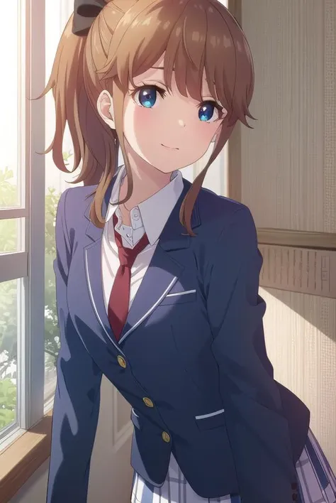 akatsukiminami, <lora:akatsuki minami s1-lora-nochekaiser:1>,
akatsuki minami, blue eyes, brown hair, ponytail, hair bow, sidelocks, black bow, smile,
BREAK shirt, school uniform, jacket, white shirt, necktie, collared shirt, blazer, red necktie, red skirt, skirt,
BREAK indoors, classroom,
BREAK looking at viewer, (cowboy shot:1.5),
BREAK <lyco:GoodHands-beta2:1>, (masterpiece:1.2), best quality, high resolution, unity 8k wallpaper, (illustration:0.8), (beautiful detailed eyes:1.6), extremely detailed face, perfect lighting, extremely detailed CG, (perfect hands, perfect anatomy),