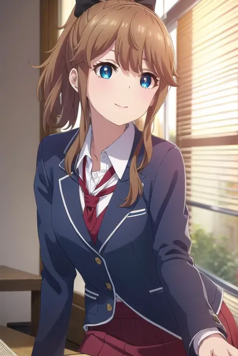 akatsukiminami, <lora:akatsuki minami s1-lora-nochekaiser:1>,
akatsuki minami, blue eyes, brown hair, ponytail, hair bow, sidelocks, black bow, smile,
BREAK shirt, school uniform, jacket, white shirt, necktie, collared shirt, blazer, red necktie, red skirt, skirt,
BREAK indoors, classroom,
BREAK looking at viewer, (cowboy shot:1.5),
BREAK <lyco:GoodHands-beta2:1>, (masterpiece:1.2), best quality, high resolution, unity 8k wallpaper, (illustration:0.8), (beautiful detailed eyes:1.6), extremely detailed face, perfect lighting, extremely detailed CG, (perfect hands, perfect anatomy),