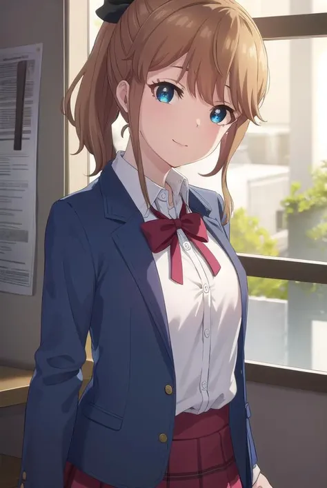 akatsukiminami, <lora:akatsuki minami s1-lora-nochekaiser:1>,
akatsuki minami, blue eyes, brown hair, ponytail, hair bow, sidelocks, black bow, smile,
BREAK shirt, school uniform, jacket, white shirt, necktie, collared shirt, blazer, red necktie, red skirt, skirt,
BREAK indoors, classroom,
BREAK looking at viewer, (cowboy shot:1.5),
BREAK <lyco:GoodHands-beta2:1>, (masterpiece:1.2), best quality, high resolution, unity 8k wallpaper, (illustration:0.8), (beautiful detailed eyes:1.6), extremely detailed face, perfect lighting, extremely detailed CG, (perfect hands, perfect anatomy),