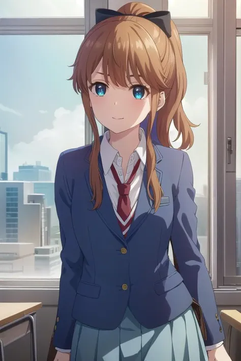 akatsukiminami, <lora:akatsuki minami s1-lora-nochekaiser:1>,
akatsuki minami, blue eyes, brown hair, ponytail, hair bow, sidelocks, black bow, smile,
BREAK shirt, school uniform, jacket, white shirt, necktie, collared shirt, blazer, red necktie, red skirt, skirt,
BREAK indoors, classroom,
BREAK looking at viewer, (cowboy shot:1.5),
BREAK <lyco:GoodHands-beta2:1>, (masterpiece:1.2), best quality, high resolution, unity 8k wallpaper, (illustration:0.8), (beautiful detailed eyes:1.6), extremely detailed face, perfect lighting, extremely detailed CG, (perfect hands, perfect anatomy),