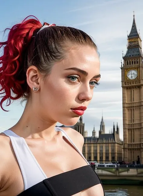portrait of sks woman in London, with Big Ben in the background, by Flora Borsi, style by Flora Borsi, bold, bright colours, ((Flora Borsi)), by Guy Bourdin, <lora:lora-small-miley-cyrus-v1:1>