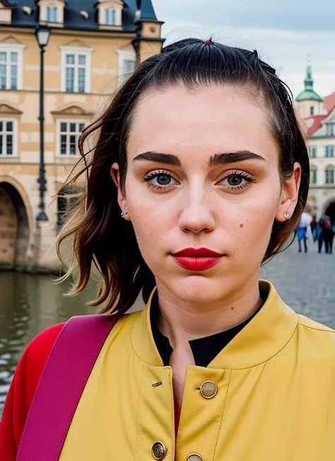 portrait of sks woman in Prague, at the Charles Bridge, by Flora Borsi, style by Flora Borsi, bold, bright colours, ((Flora Borsi)), by Gerda Taro, <lora:lora-small-miley-cyrus-v1:1>