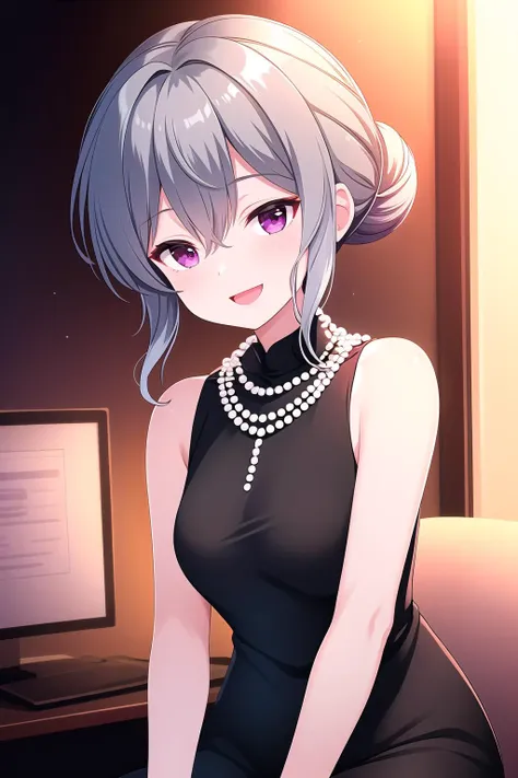 (masterpiece, best quality), highly detailed background, perfect lightingbest quality, shigetoakiho, solo, indoors, grey hair, hair bun, hair between eyes, short hair, purple eyes, medium breasts, pearl necklace, jewelry, black dress, sleeveless dress, bare shoulders, pearl bracelet, smile, open mouth, :d, pink lips, <lora:Shigeto-Akiho:0.7>