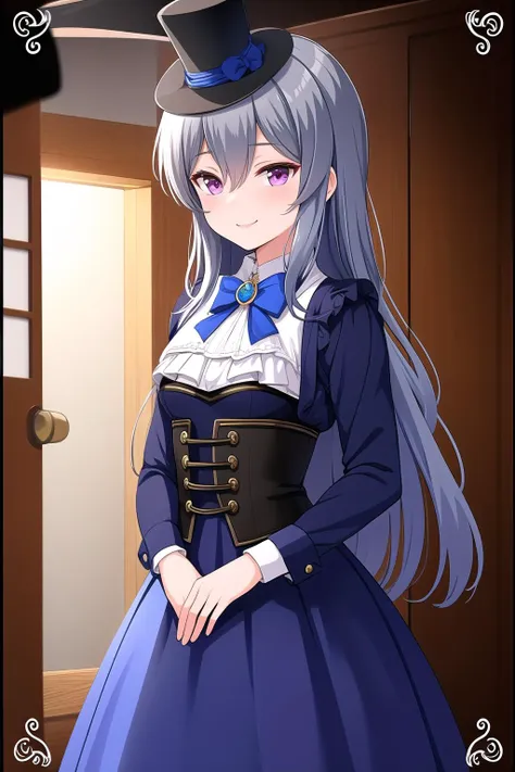 (masterpiece, best quality), highly detailed background, perfect lightingbest quality, shigetoakiho, solo, indoors, mini top hat, brooch, black headwear, grey hair, hair between eyes, very long hair, purple eyes, small breasts, blue dress, black shirt, lace, corset, blue bowtie, long sleeves, blue skirt, long skirt, smile, closed mouth, :), pink lips, <lora:Shigeto-Akiho:0.7>