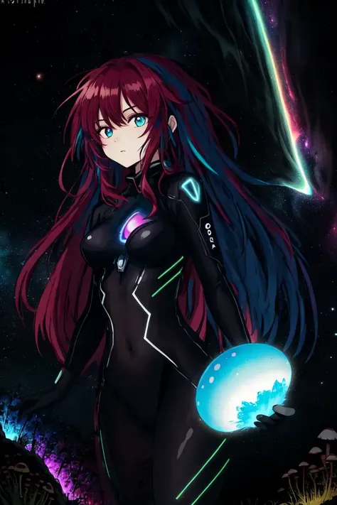 bioluminescence, (1girl, long hair, red hair, sidelocks:1.2), dark background, bodysuit, colorful, vibrant colors, ultradetailed, psychedelic (nebula explosion:1.1), (neon mushrooms:1.1), highres, superb, 8k wallpaper, extremely detailed, intricate <lora:LoconLoraOffsetNoise_locon0501:1> <lora:NAI-bluethebone:0.5> <lora:WhiteMelancholy:0.65>