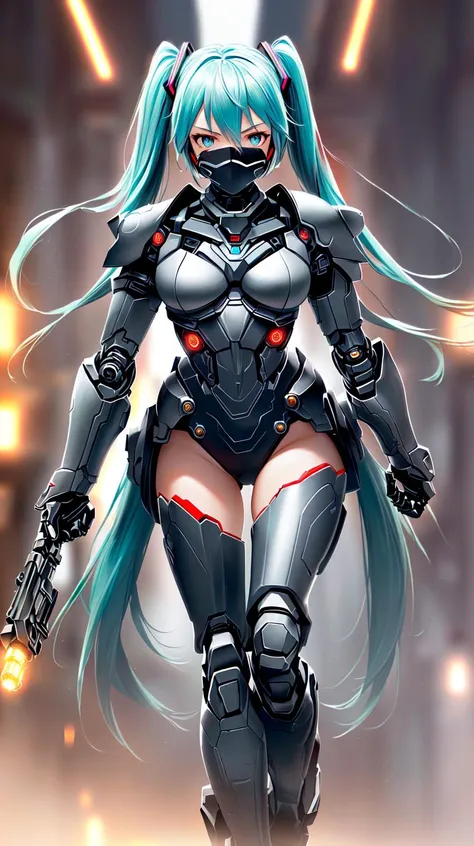 1girl, solo, (hatsune miku), aqua hair, aqua eyes, twintails, heavy cybernetic boots, heavy cybernetic gauntlets, heavy cybernetic leotard, (heavy cybernetic visor:1.1), cybernetic face mask, cybernetic armor plating, mechanical parts, determined, glowing neon, thrusters, armor cooling vents, android, science fiction, motorcycle, mobile suit, good_face:0.8