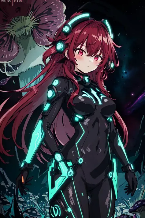 bioluminescence, (1girl, long hair, red hair, sidelocks:1.2), dark background, bodysuit, colorful, vibrant colors, ultradetailed, psychedelic (nebula explosion:1.1), (neon mushrooms:1.1), highres, superb, 8k wallpaper, extremely detailed, intricate <lora:LoconLoraOffsetNoise_locon0501:1> <lora:NAI-bluethebone:0.5> <lora:WhiteMelancholy:0.65>