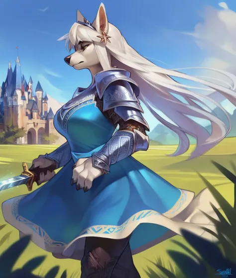 (detailed background:1.2),  castle battle background, blurry background, blue hue background (realistic fur:0.1),
best quality, good hands, high quality, shaded, nice eyes, by darkgem, by sindenbock, by taran fiddler, by burnbuckie, by nezumi, by sindoll, sketch, stylized, painted, lineart, (gynomorph, canine, female, athletic build:1.2),
neutral expression, blank expression, serious expression,  (eyes half open:1.3), (frown, frowning:1.2),
character reference, reference, (white fur, short small bangs, long flowing white hair:1.5) claws, stylized hands,  tail, princess, (fancy thin sword:1.5), (portrait closeup, side shot:1.7), (fancy intricate blue princess dress, black thigh highs, intricate armor leggings, royalty:1.5), (silver armor, silver chestplate:1.3), (walking, stride regalia, flying grass in foreground:1.4), (hair flowing in the wind, dress flowing in the wind:1.4), (five fingers:1.3), orange eyes
