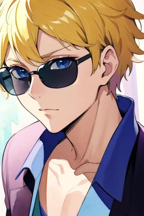 masterpiece, best quality, movie still, 1boy, solo, male focus, looking at viewer, , depth of field, (watercolor illustration, soft pastel colors:1.1), , <lora:birthday_hamatora:0.66>, birthday_hamatora, blonde hair, blue eyes, sunglasses, , , cyberpunk, HD