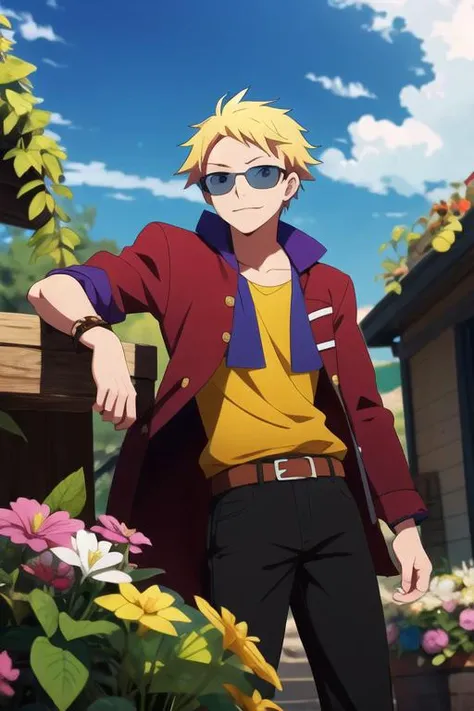 masterpiece, best quality, , 1boy, solo, male focus, looking at viewer, , , anime coloring, , <lora:birthday_hamatora:0.74>, birthday_hamatora, blonde hair, blue eyes, sunglasses, pirate costume, A fairytale land where magical creatures live and thrive, High resolution