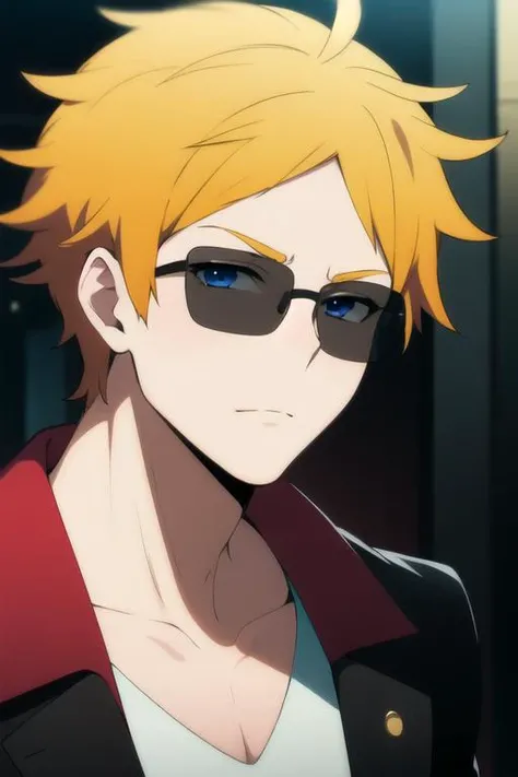 masterpiece, best quality, movie still, 1boy, solo, male focus, looking at viewer, upper body, depth of field, , , <lora:birthday_hamatora:0.72>, birthday_hamatora, blonde hair, blue eyes, sunglasses, , ,
