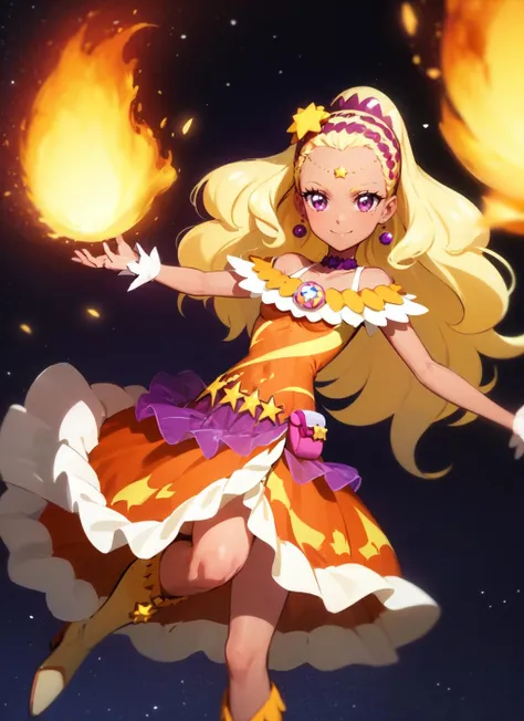 curesol, 1girl, solo, star hair ornament, hairband, earrings, purple choker, orange dress, wrist cuffs, pouch, star (symbol), knee boots, smile, looking at viewer, closed mouth, fire, cowboy shot, leg up, dynamic pose, anime coloring, <lora:amamiyael_V2-10:0.9> <lora:Envybetterhandslocon_Beta2:1>