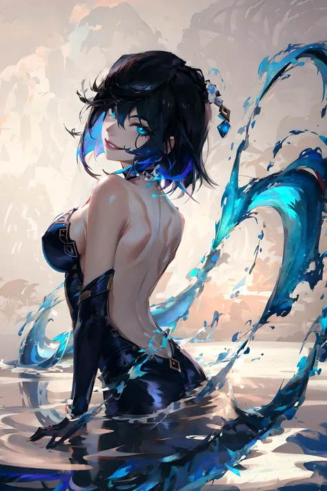 Highly detailed, High Quality, Masterpiece, beautiful, sharp focus, shiny skin, best quality, perfect anatomy:1.4, high detailed, 8k, highres, lineart, sketch, (masterpiece:1.4), (highest quality:1.4), (sharp focus:1.2), (colored:1.3), (digital painting:1.1), 8k wallpaper, (tight gap:1.2), (detailed face and eyes:1.25), adult, sexy, lipstick, smile, evil grin, seductive smile, Yelan\(genshin impact\), Yelan:1.2, short hair, blue hair, large breasts, detailed background, <lora:Char_GenshinImpact_Yelan:0.8>, back_view, looking at viewer, Spiral water, controlling the water, whirlwind of water,<lora:VFX_Water:0.8>, night, sky, <lora:Style_Starry:0.8>