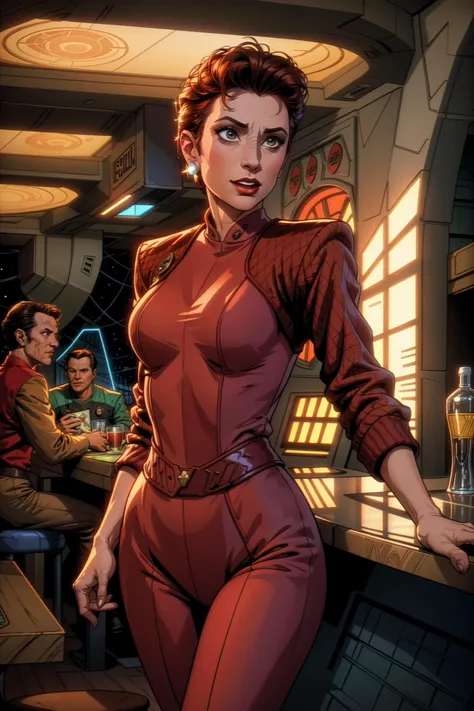 An amazing  illustration of  kiranerys at a science fiction bar, ds9background ,  dark, mood lighting,  reduniform, comic book style, flat colors, flat shading <lora:kiranerys:0.9>